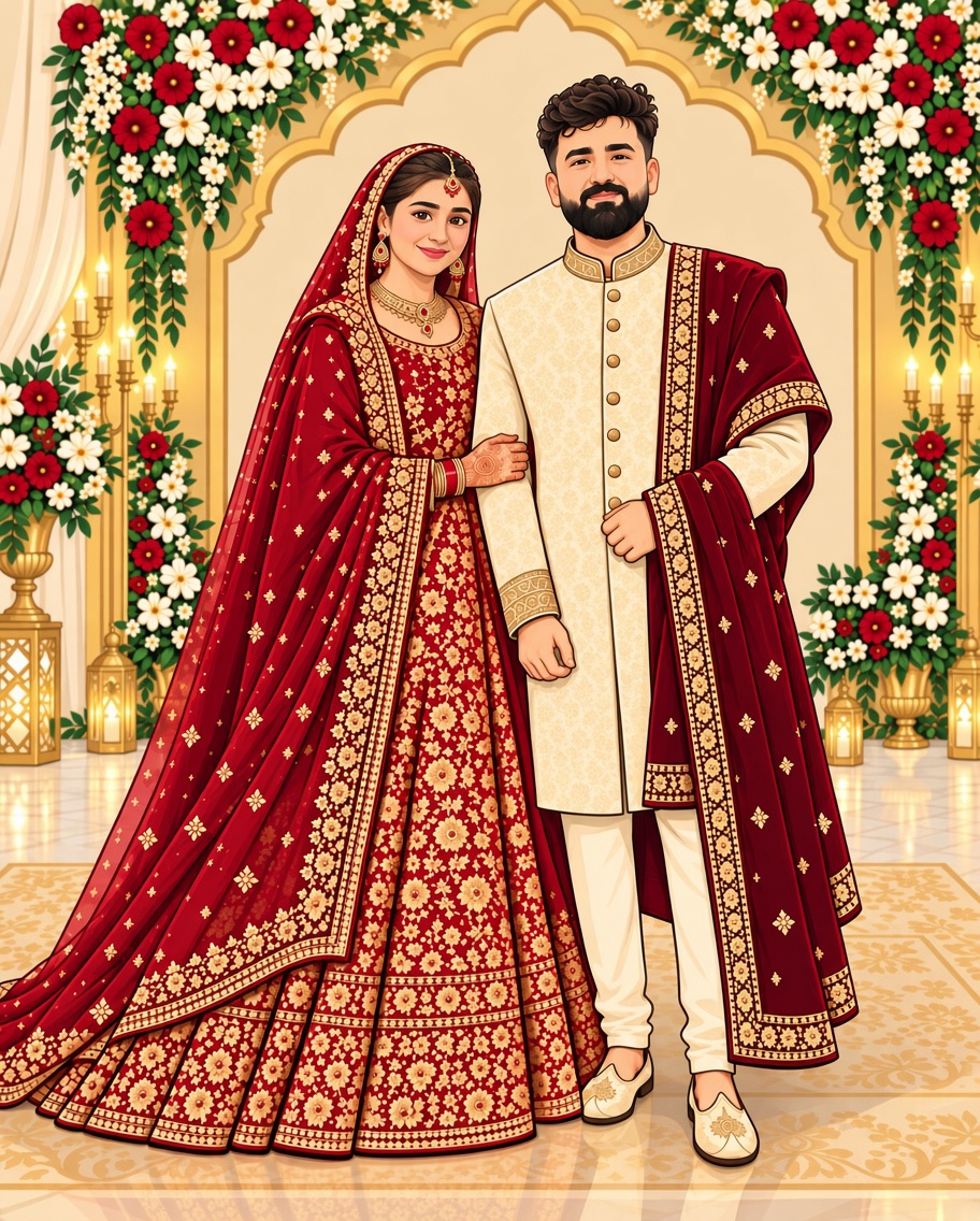 Wedding illustration of a bride in a red and gold dress and a groom in an ivory sherwani, beneath a floral arch